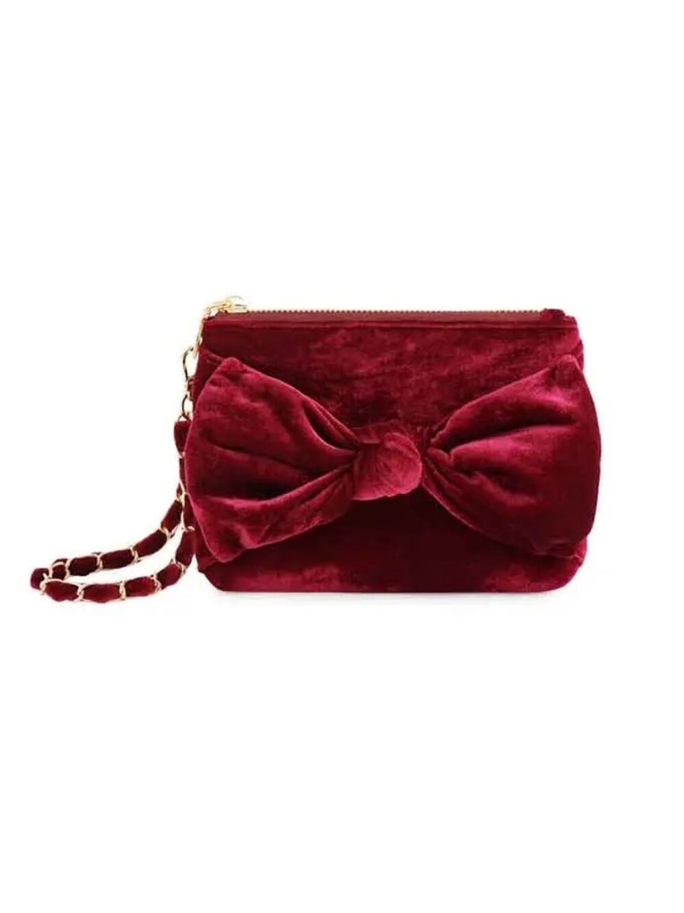 Wine Velvet Bea Bow Wristlet Clutch Gold Chain Strap Zip Pouch